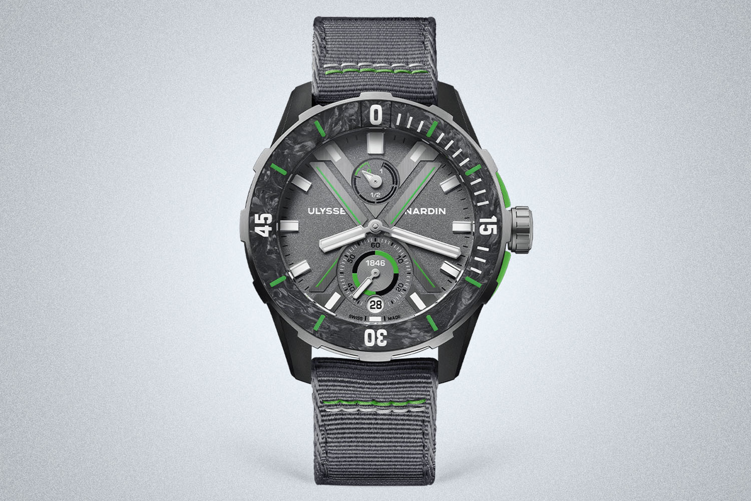 The Ulysse Nardin Diver Watch on a grey background