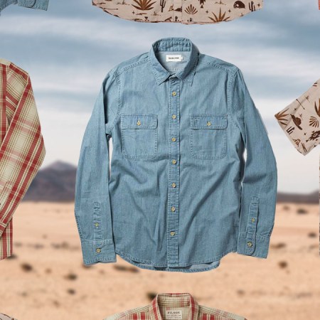 a collage of westernwear shirts on a desert background