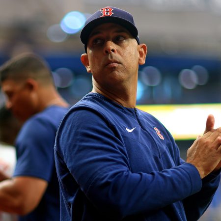 Boston manager Alex Cora watches the Red Sox