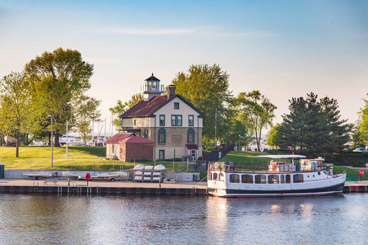 The lighthouse in Michigan City, Indiana as seen from across the water.