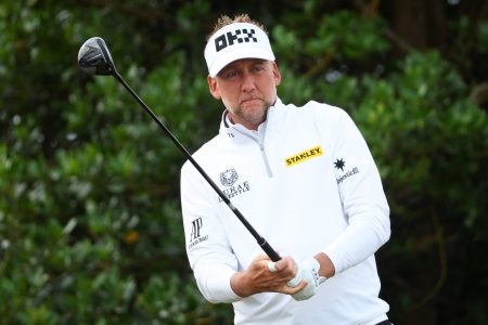 Ian Poulter of England, who has joined the LIV Golf Series,tees off during day one of The 150th Open at St Andrews Old Course.