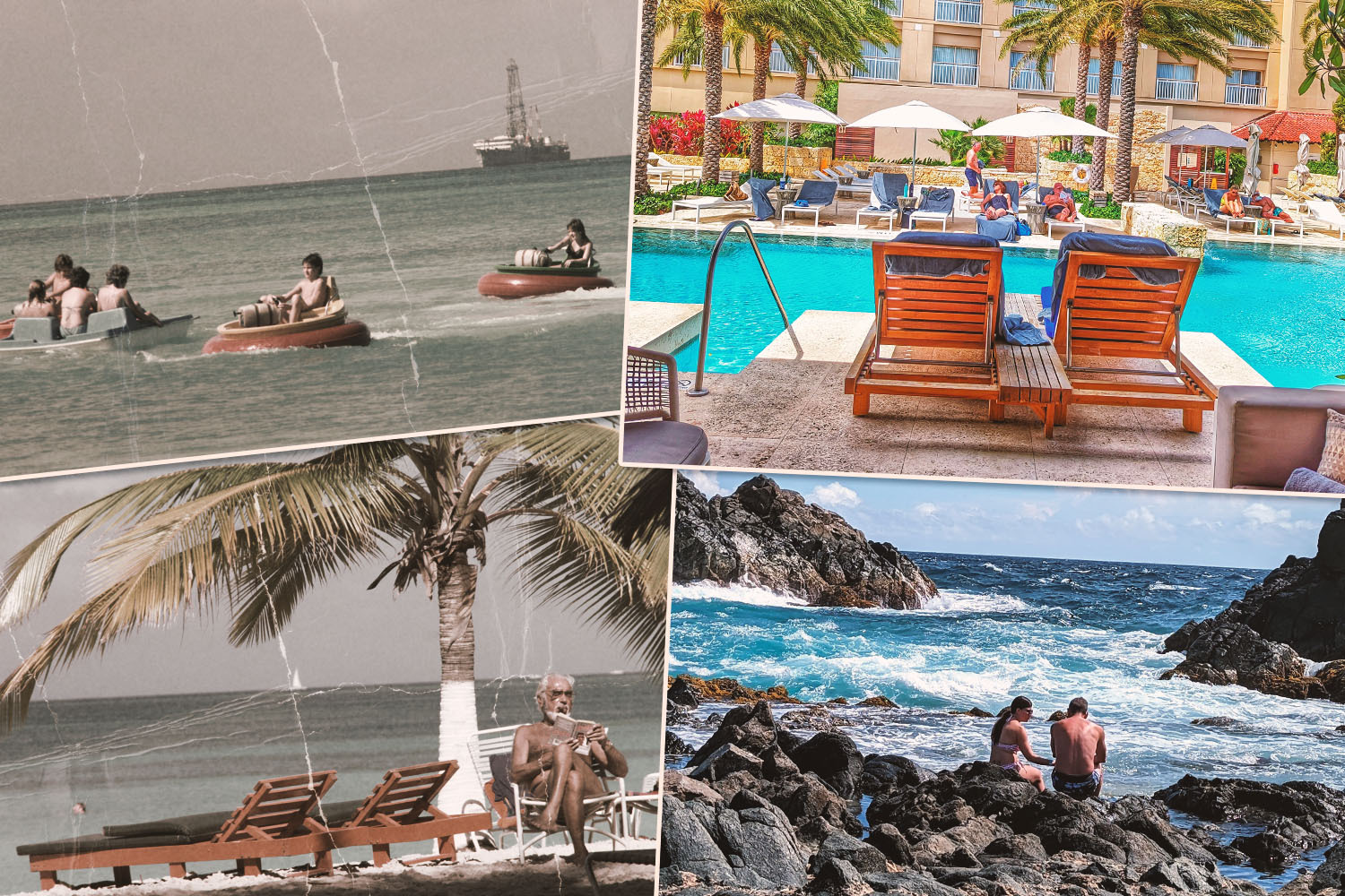 Vintage photos from Aruba in the 1980s on the left with photos from travel writer Jake Emen's trip to the Caribbean island from 2022 on the right