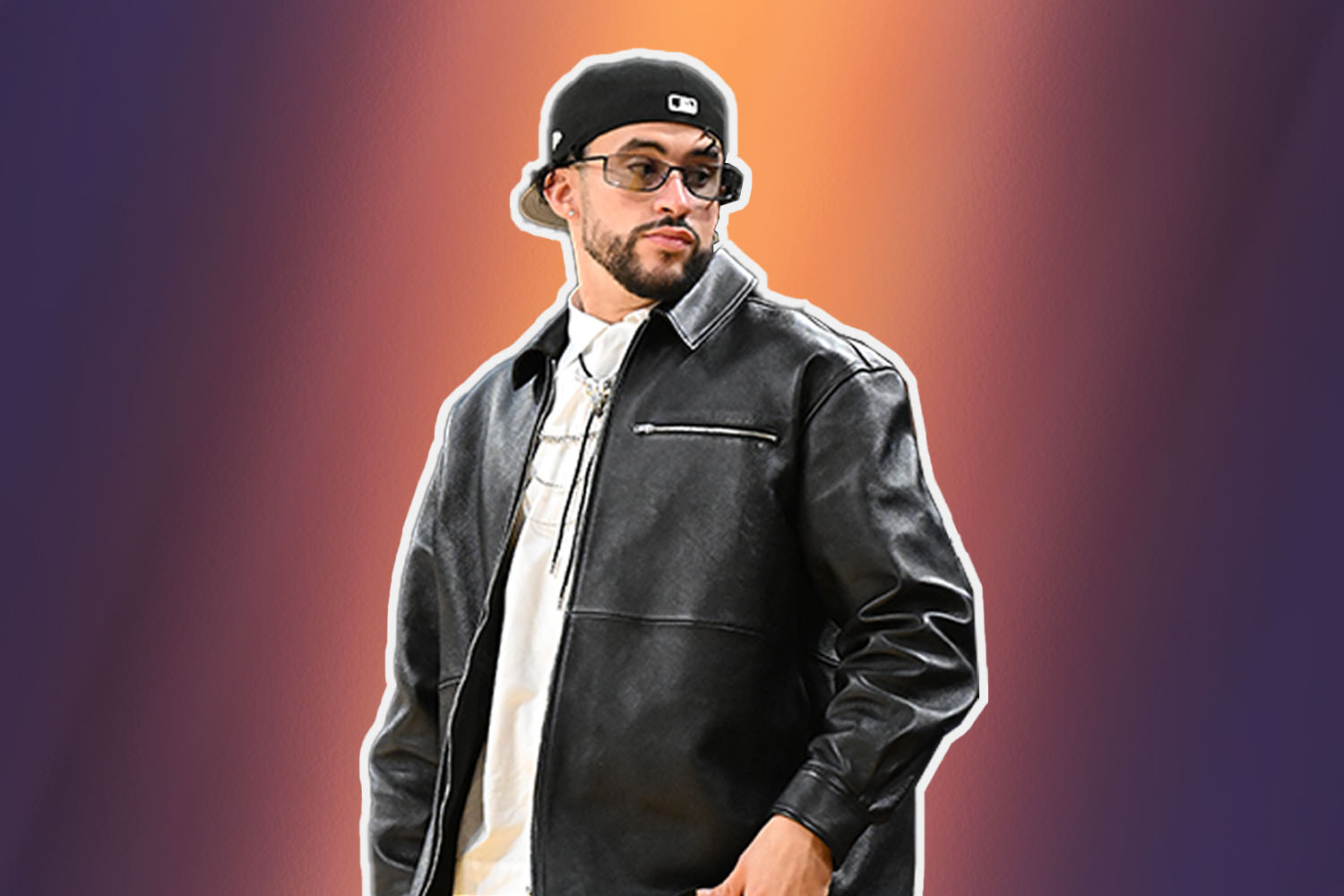 a photo of bad bunny on an orange and purple background