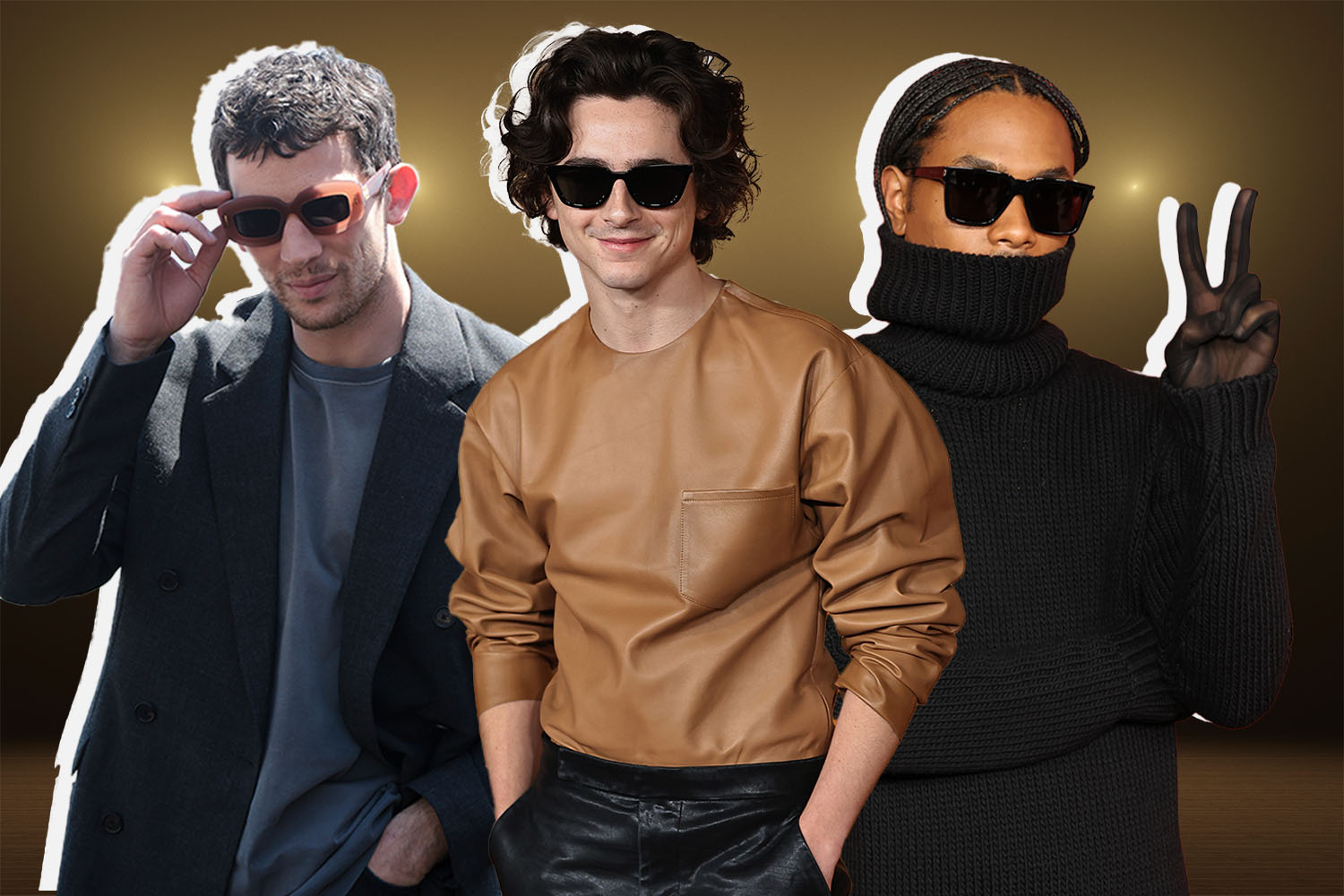 a photo of Josh O'Connor, timothee chalamet and Steve Lacy on an orange and purple background