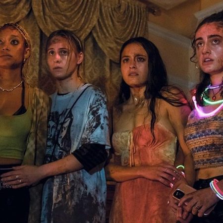 Amandla Stenberg, Maria Bakalova, Chase Sui Wonders and Rachel Sennott in "Bodies Bodies Bodies"