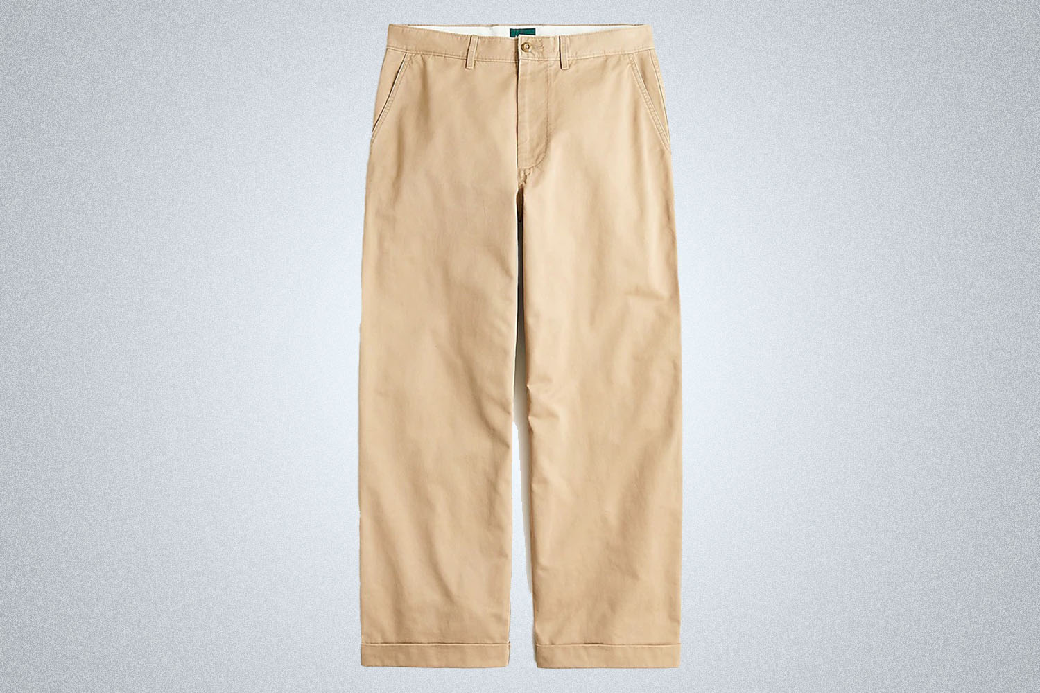 a pair of khaki "giant-fit" chinos from J.Crew on a grey background