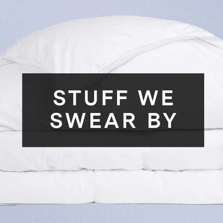 Parachute's Duvet Insert overlaid with "Stuff We Swear By" on a purple background