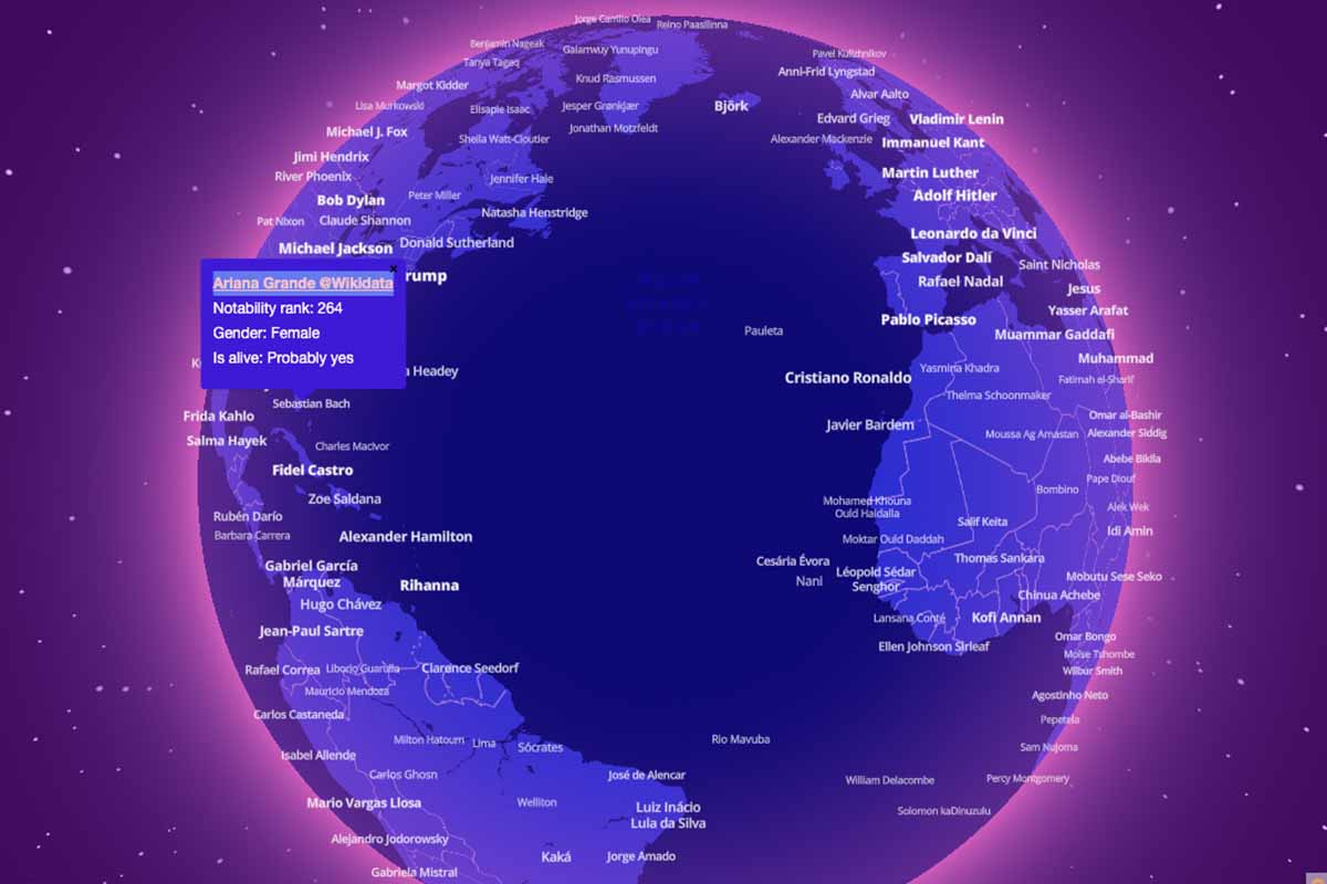 A screenshot from the Notable People map, an interactive site that utilizes Wikidata to determine a place's most notable person