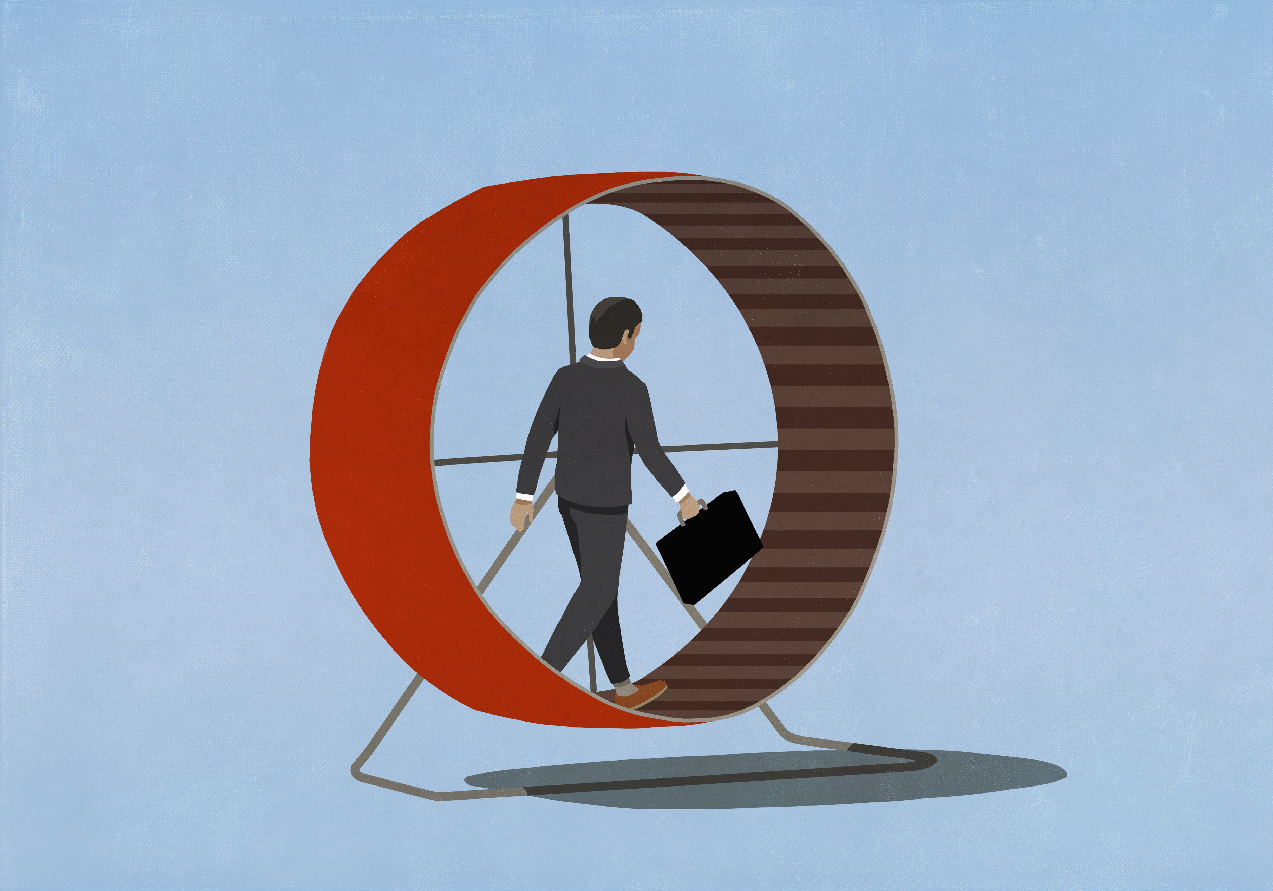 An illustration of a businessman in a suit carrying a briefcase while walking on a hamster wheel.
