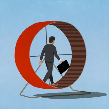 An illustration of a businessman in a suit carrying a briefcase while walking on a hamster wheel.
