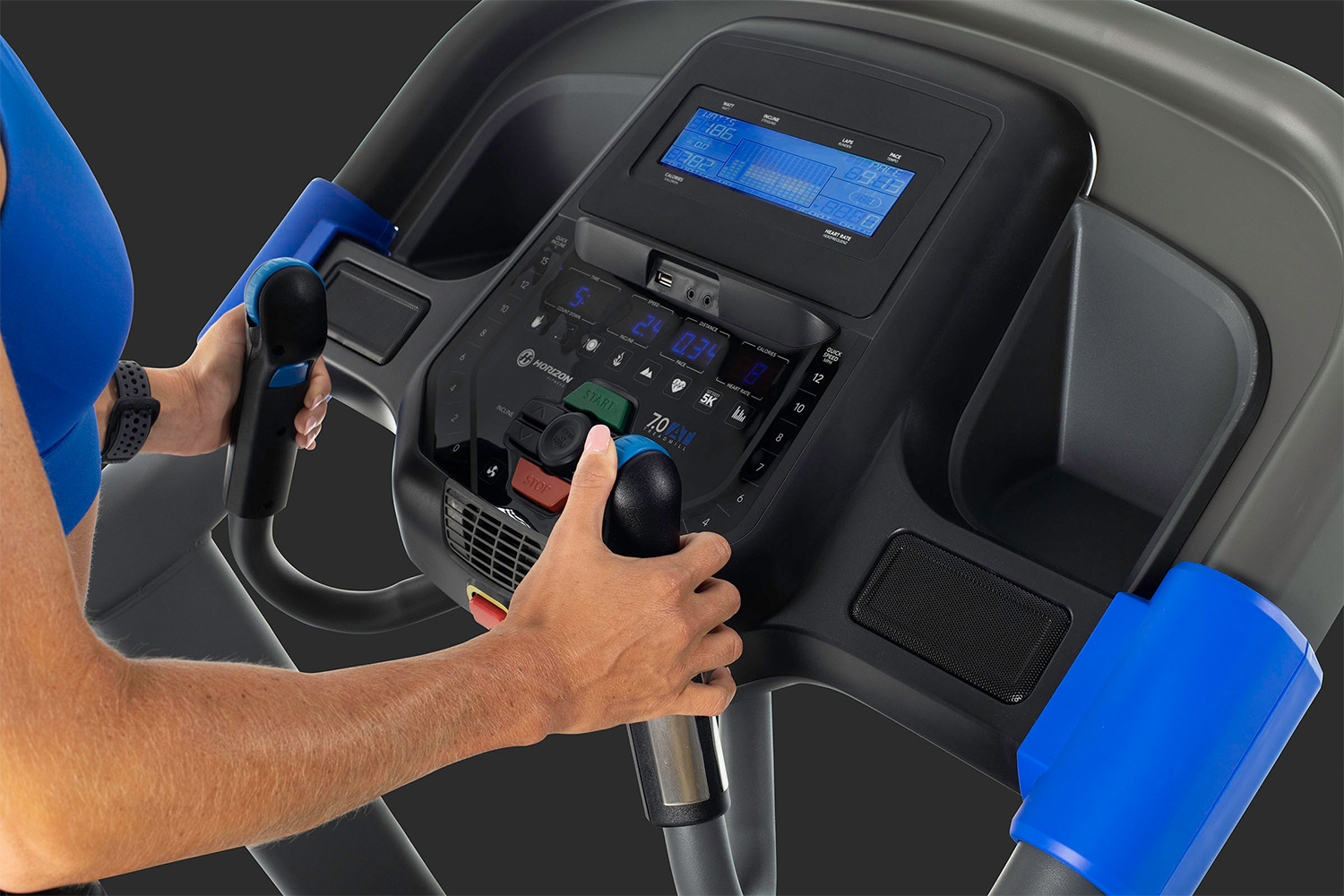 A closeup of the interface and QuickDial controls on the Horizon Fitness 7.0 AT Studio Series treadmill