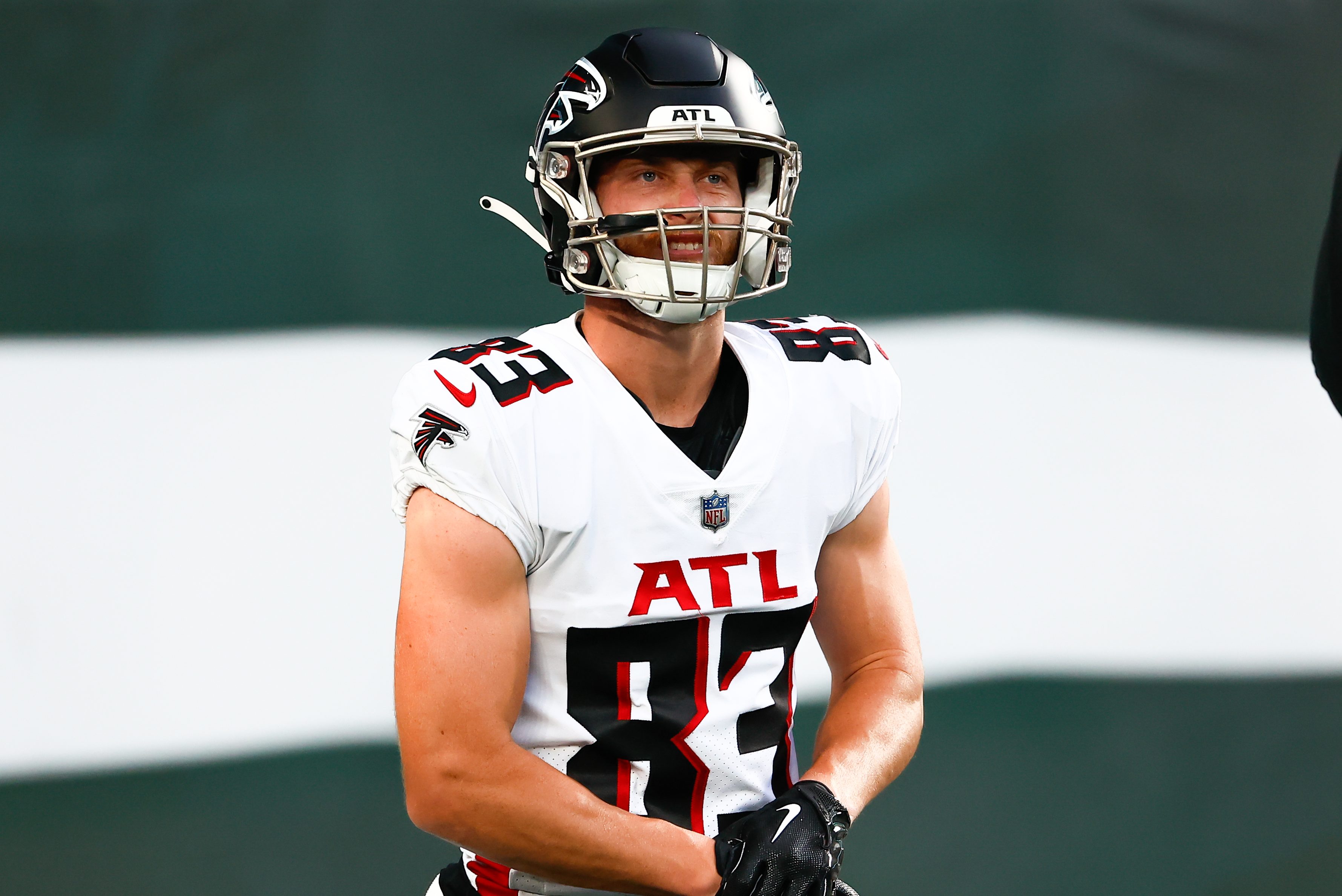 Atlanta Falcons wide receiver Jared Bernhardt warms up prior to a game. The former D-II was a surprise addition to Atlanta's final roster as a WR, a position he had only played since May.