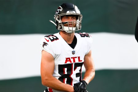 Atlanta Falcons wide receiver Jared Bernhardt warms up prior to a game. The former D-II was a surprise addition to Atlanta's final roster as a WR, a position he had only played since May.