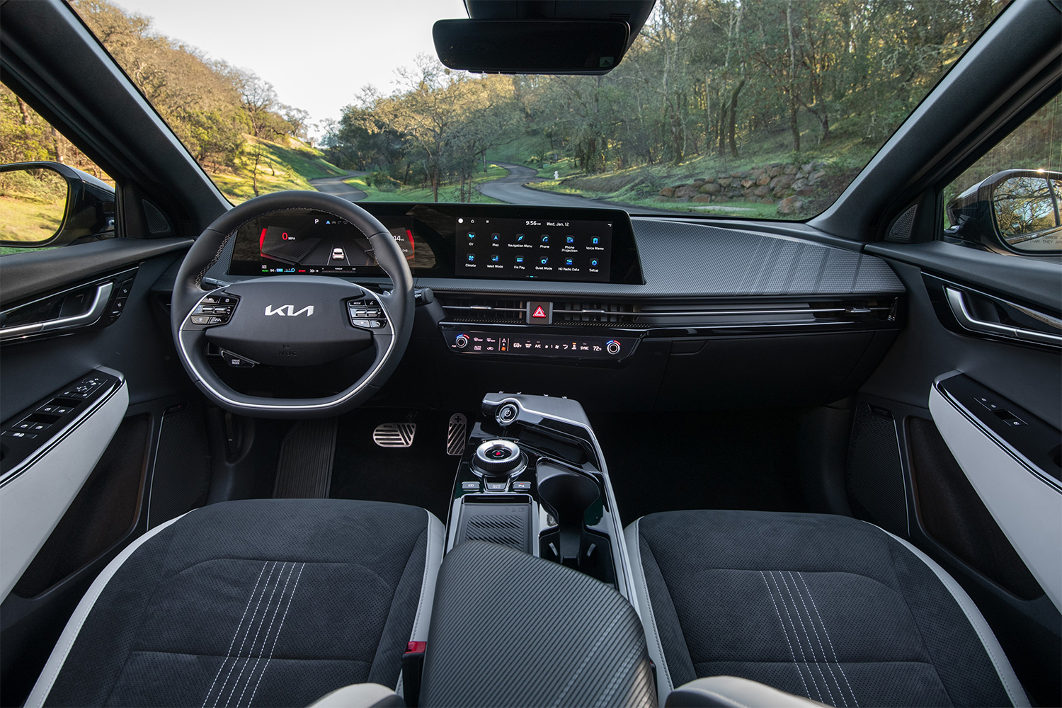The dashboard and front two seats of the 2022 Kia EV6 electric SUV
