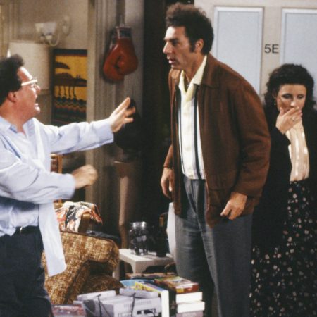 Wayne Knight as Newman, Michael Richards as Kramer, Julia Louis-Dreyfus as Elaine Benes and Jason Alexander as George Costanza on "Seinfeld."
