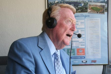 Longtime Los Angeles Dodgers broadcaster Vin Scully at Dodger Stadium in 2012.