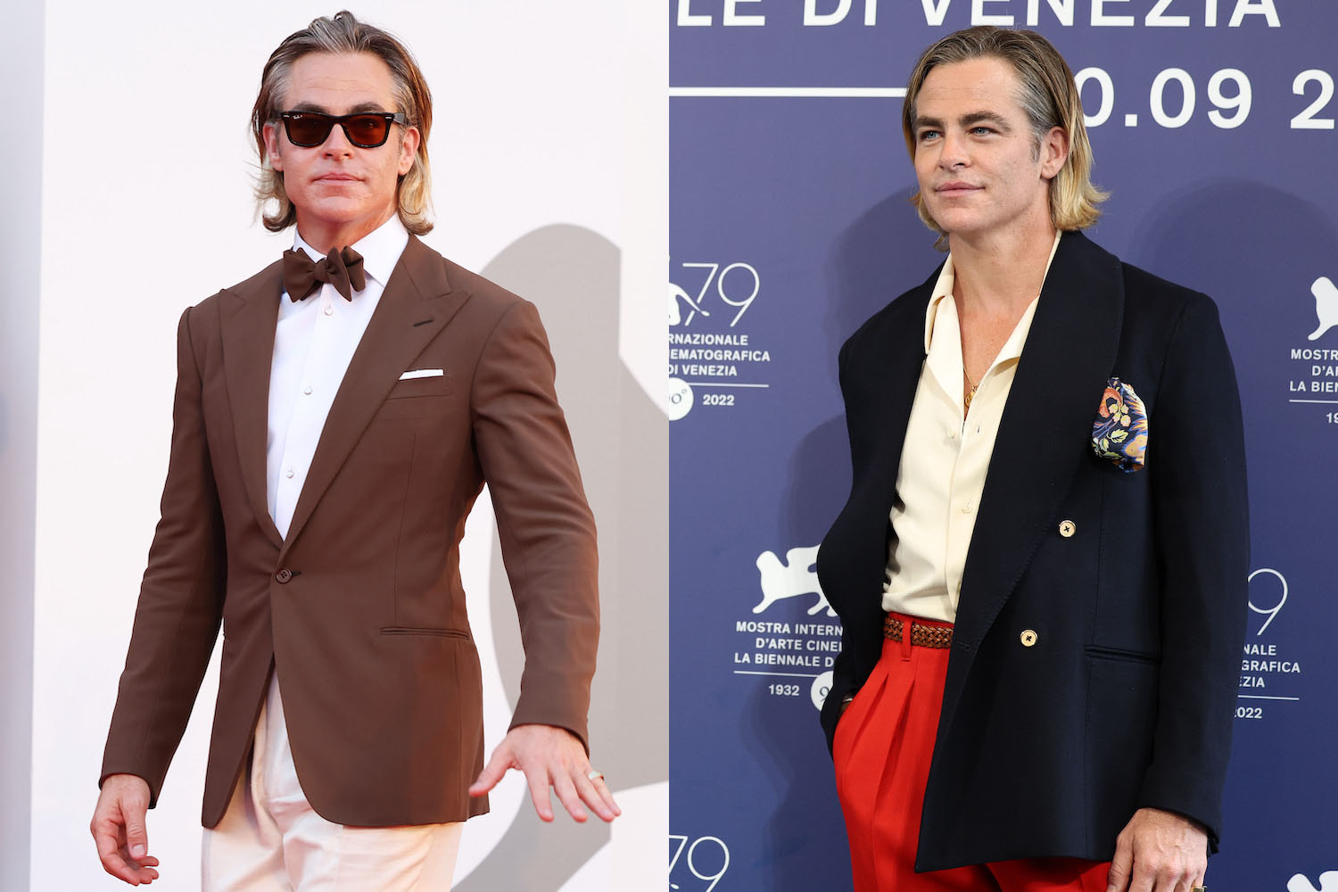 Two red carpet photos of Chris Pine at the 79th International Venice Film Festival