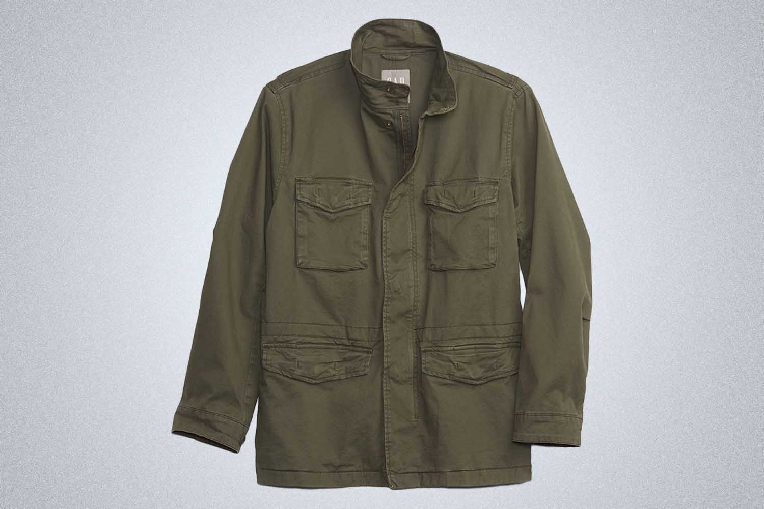 a grey lightweight jacket from Gap on a grey background