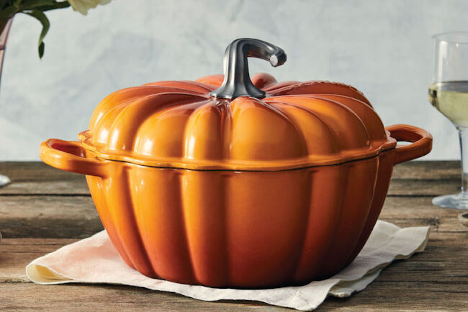 a Le Creuset Pumpkin Cocette on a table