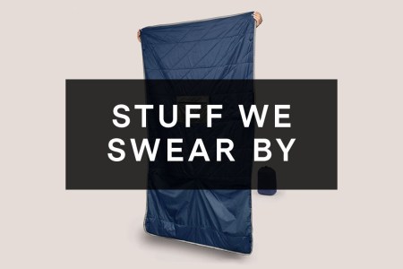 Gravel's Layover Travel Blanket with "Stuff We Swear By" superimposed on top.