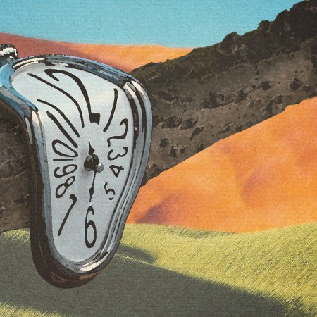 Dali melting clock on a log with desert background