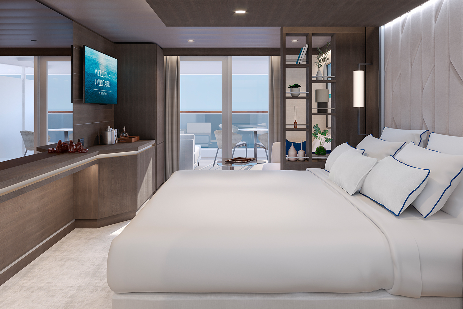 A bedroom in the new Explora I cruise ship from Explora Journeys