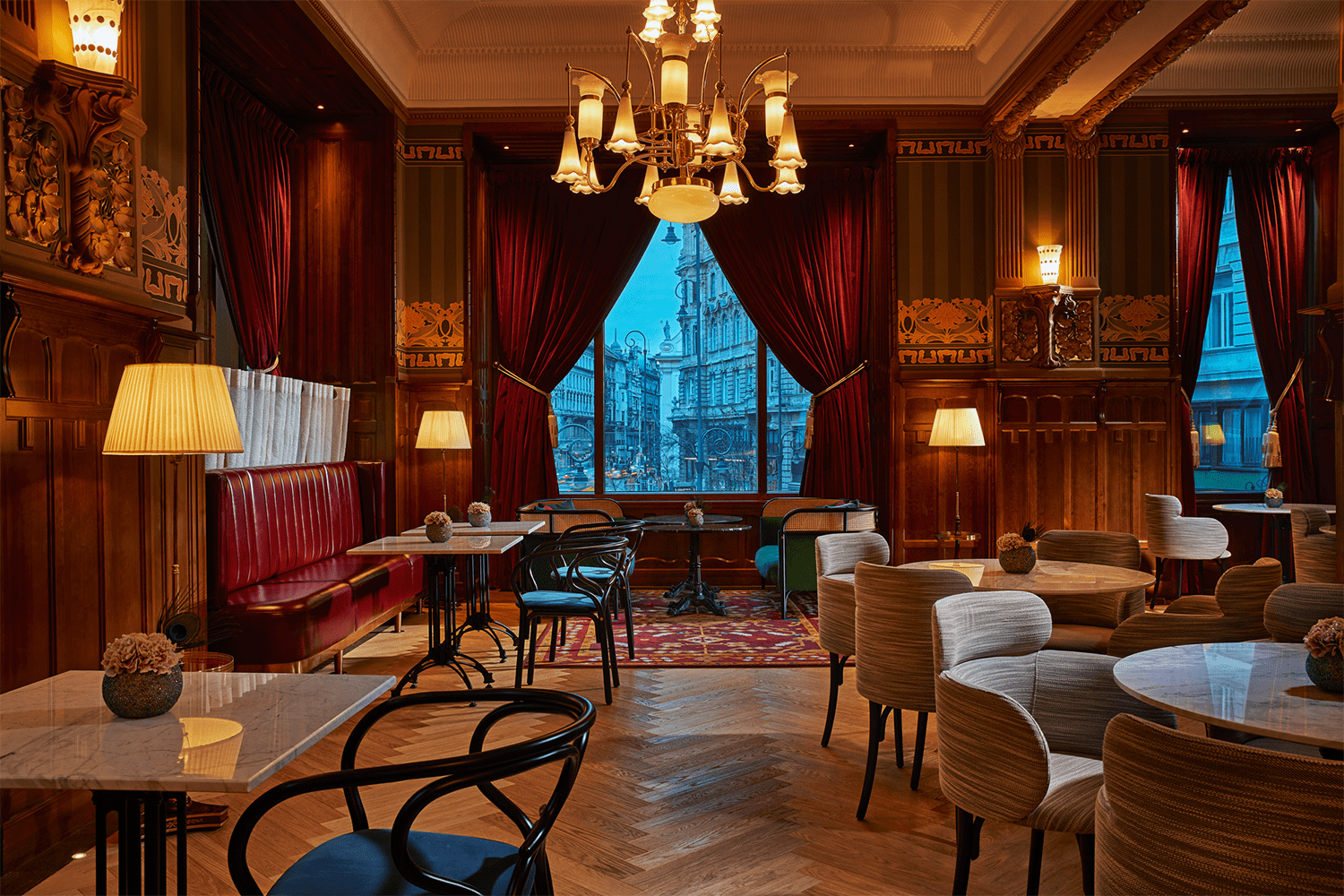 Chairs and tables at the Matild Café and Cabaret in the Matild Palace hotel in Budapest. It's one of the best places for food and drink in the city.