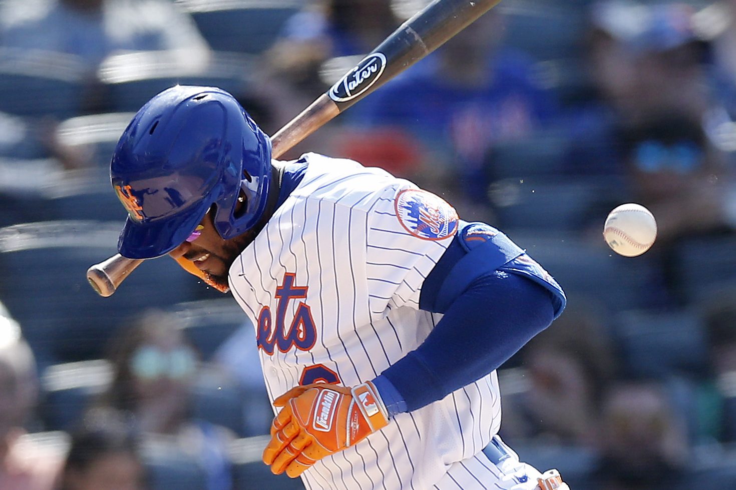 Starling Marte is hit by a pitch at Citi Field in July