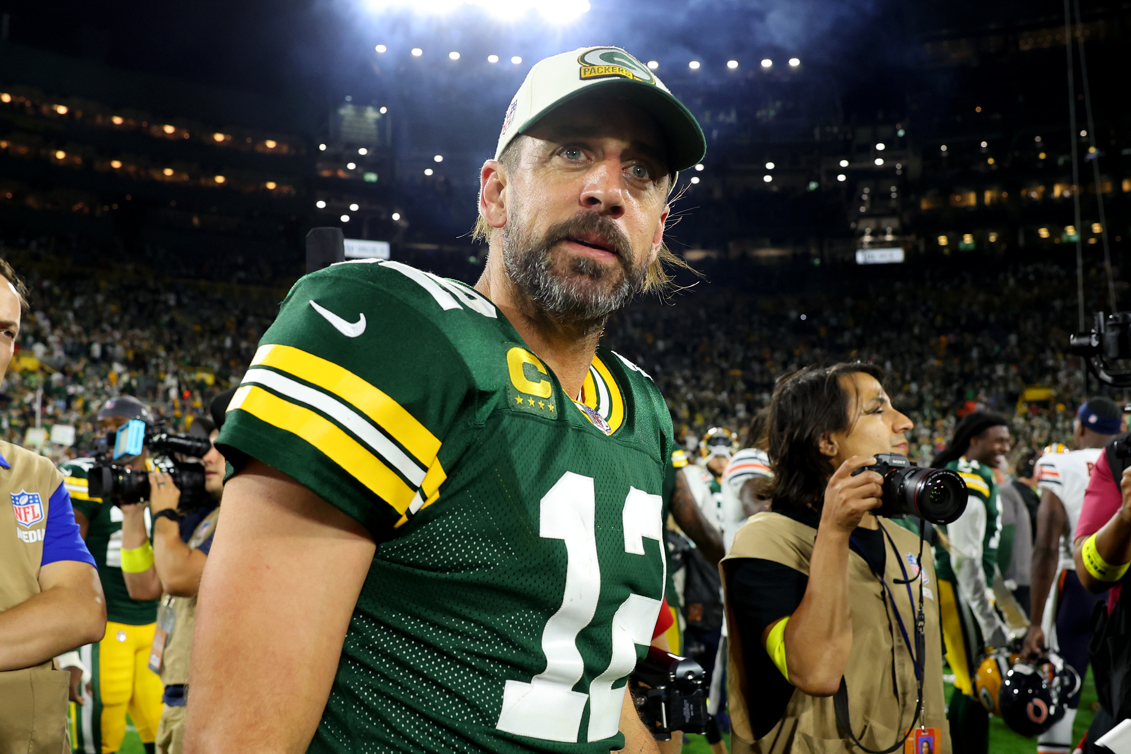 Aaron Rodgers looks on after a win over the Chicago Bears.