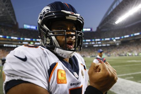 Denver Broncos quarterback Russell Wilson reacts during the fourth quarter against the Seattle Seahawks on Monday Night Football