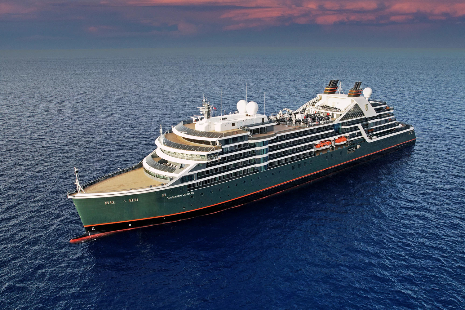 The new Seabourn Venture ship, pictured on the water, will sail to Antarctic and the Arctic