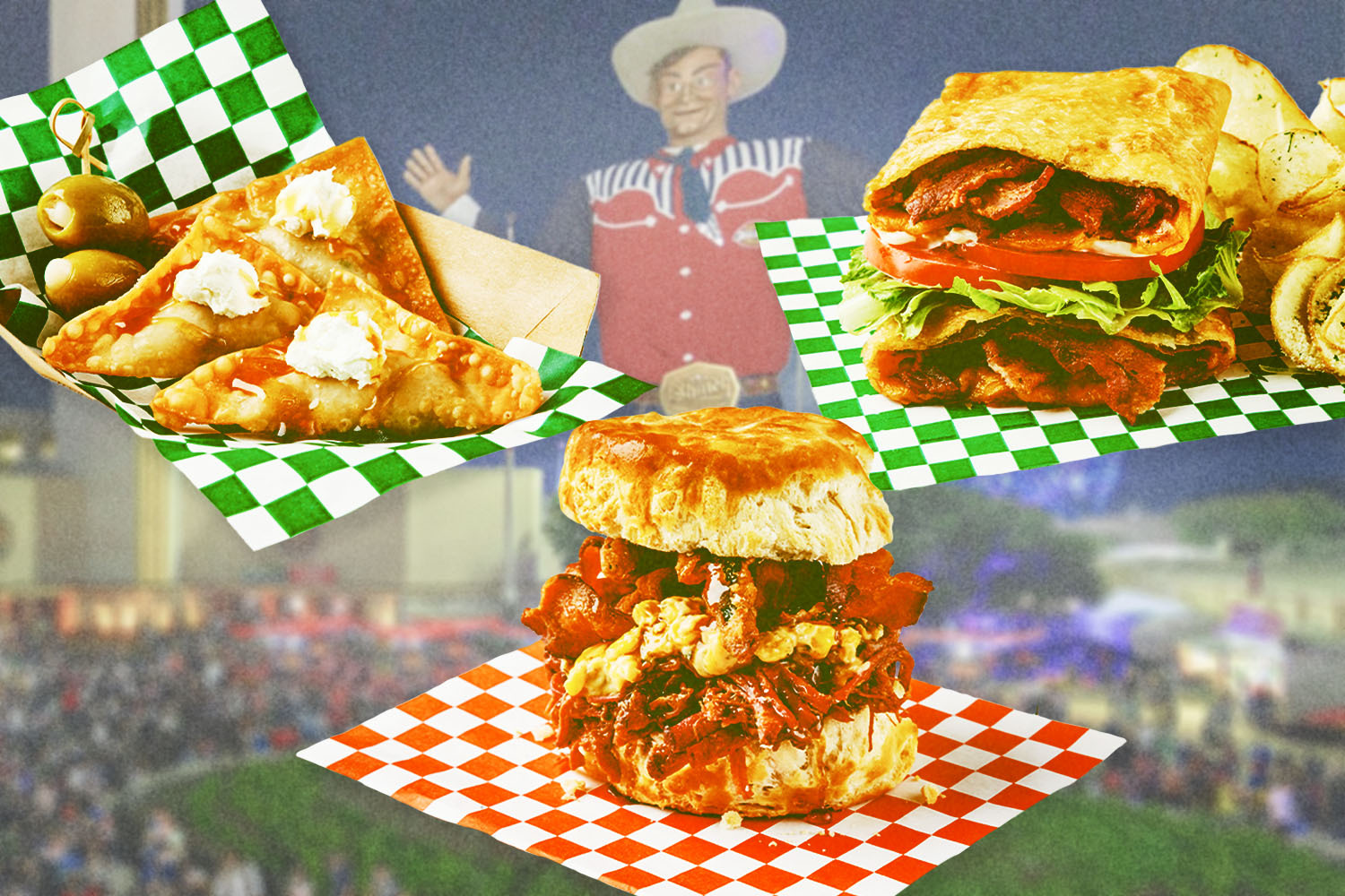 The Big Tex statue at the State Fair of Texas with images of new foods for 2022 in front, including deep-fried charcuterie, BLT and a biscuit sandwich
