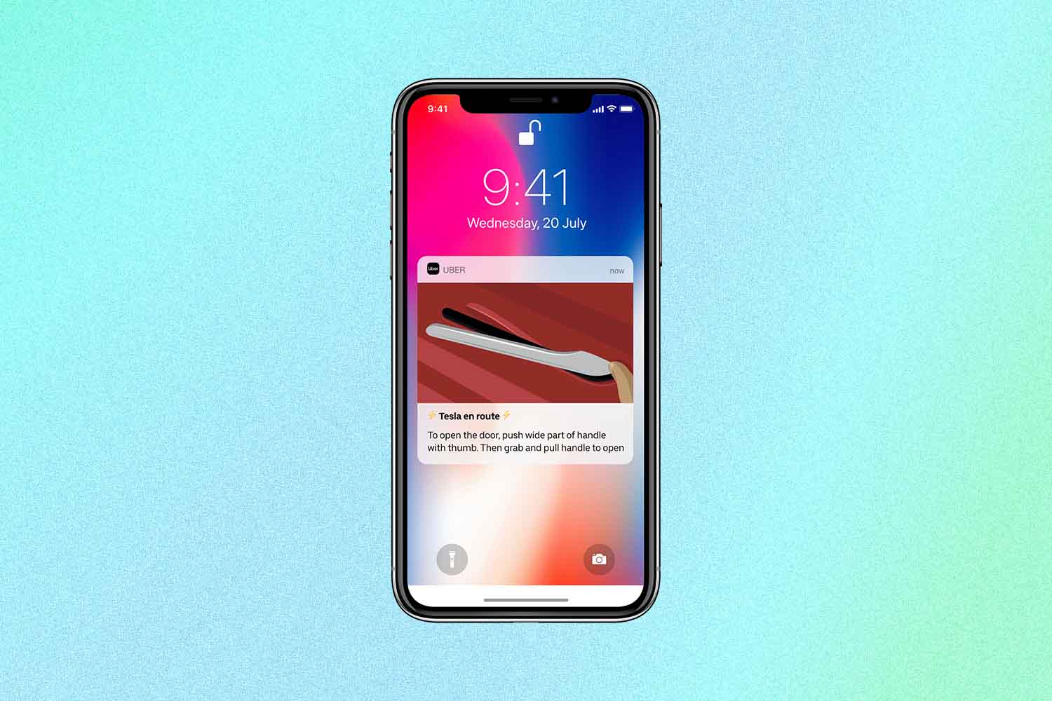 A smartphone with directions from the Uber app on how to open a Tesla door. Uber is looking to only offer electric vehicles for rides by 2030.
