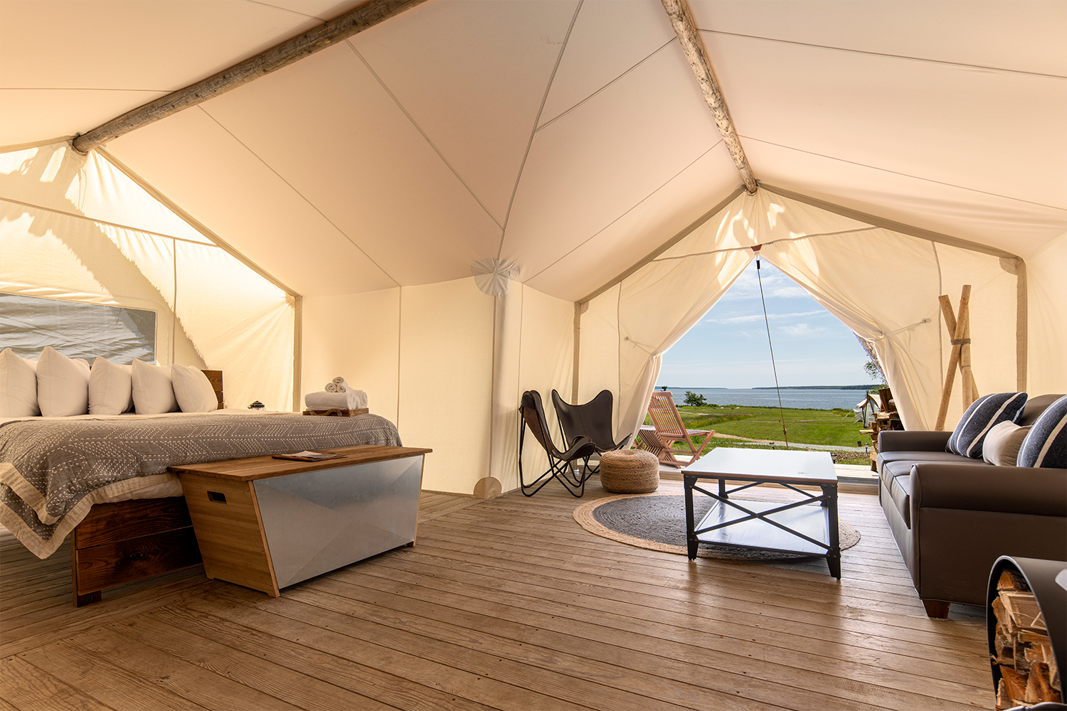 The view from a Suite tent at a Under Canvas Acadia, one of the best glamping tent sites to book for fall travel