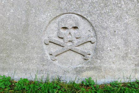 A skull and crossbones on a grave.