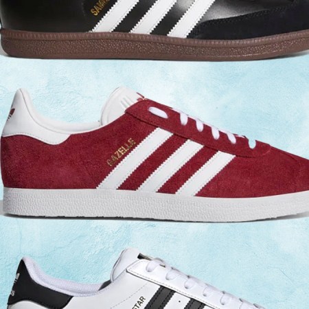 a collage of Adidas shoes on a light blue background
