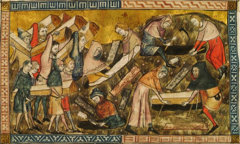 Miniature by Pierart dou Tielt depicting the burial of plague victims.