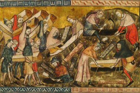 Miniature by Pierart dou Tielt depicting the burial of plague victims.