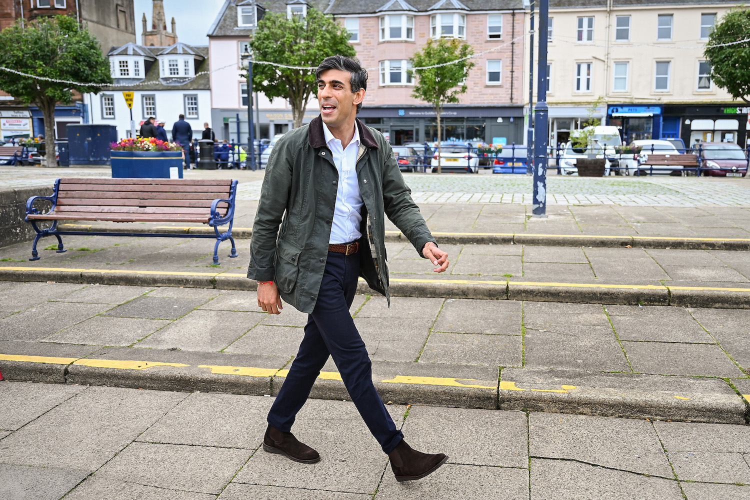 British PM Rishi Sunak in a green Barbour overcoat