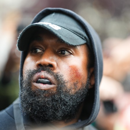 Kanye West aka Ye is seen wearing a Balenciaga boxing mouthguard on Oct. 2, 2022 in Paris, France.