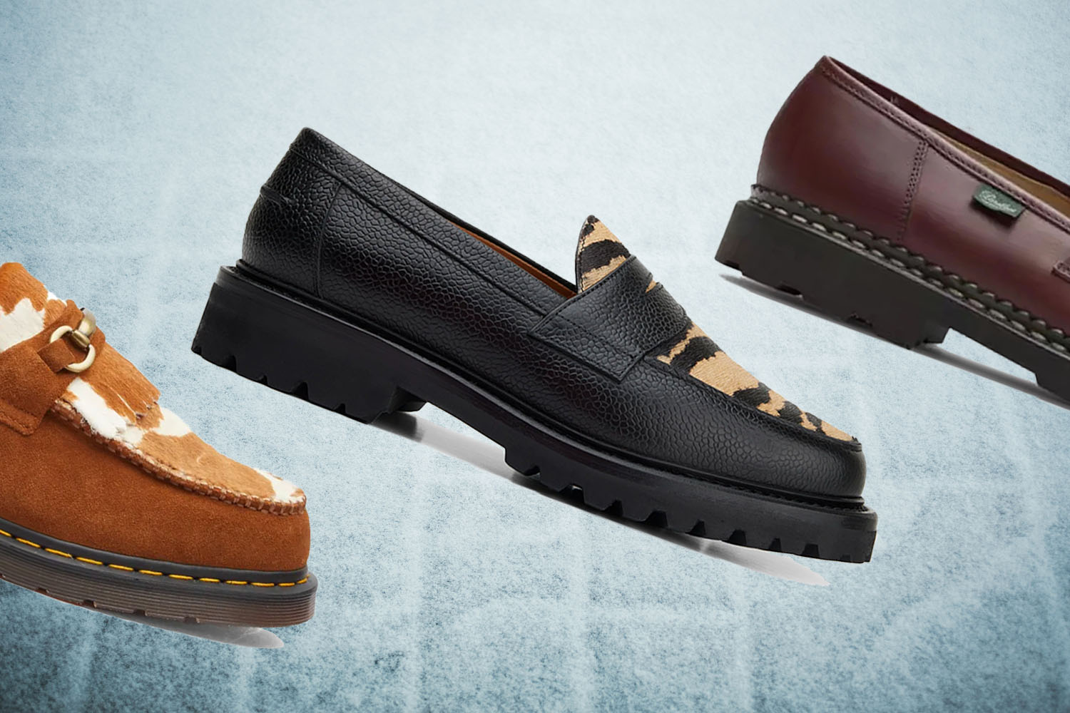a collage of various lug sole loafers on a snowy background