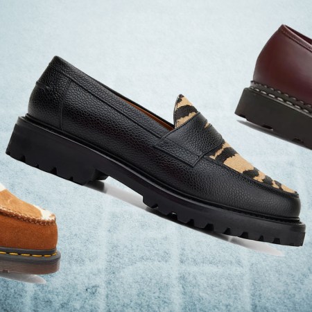 a collage of various lug sole loafers on a snowy background