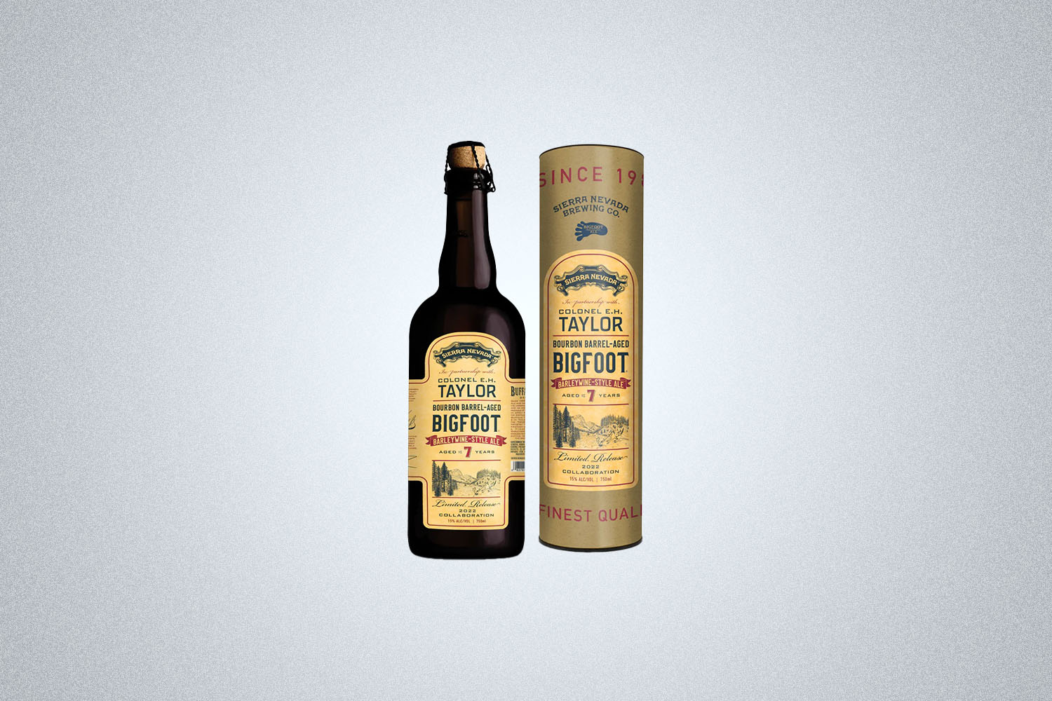 The Sierra Nevada Buffalo Trace Collaboration - E.H. Taylor Bourbon Barrel-Aged Bigfoot on a gray background