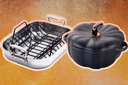An All Clad Roasting Pan and Staub Mini Stoneware Pumpkin Cocotte