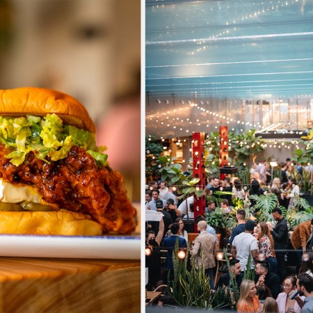 A Korean fried chicken sandwich (left) and the covered Biergarten, both at Montreal's Le Cathcart food hall