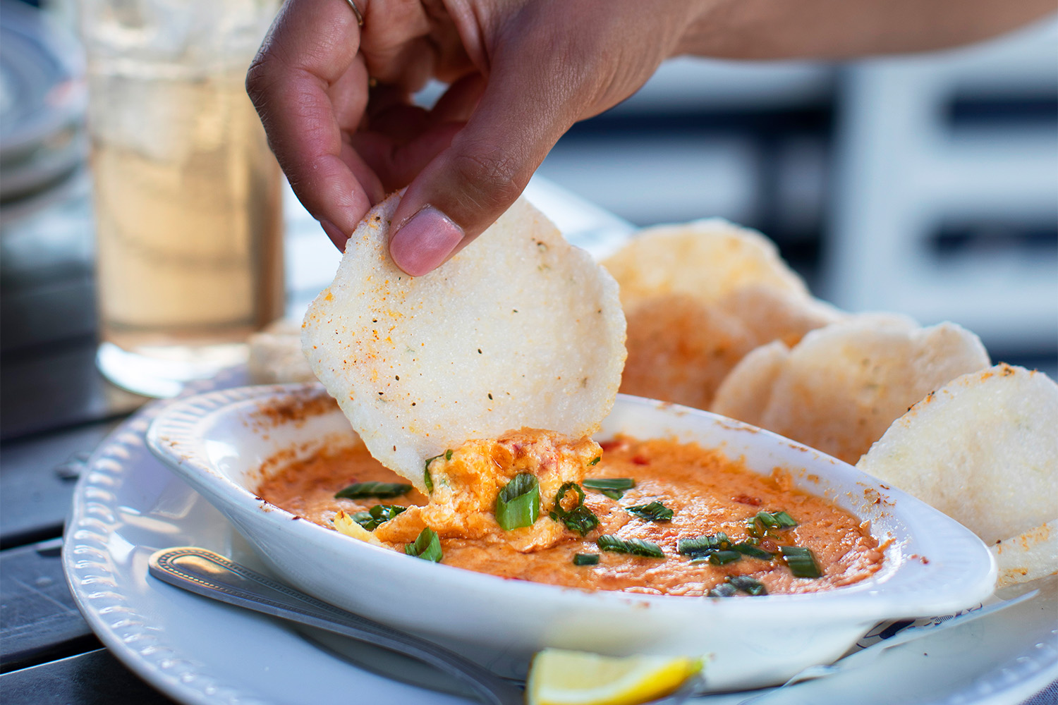 Baked Pimento Crab Dip with Lump Crab, Tillamook Cheddar, and Old Bay Crab Chips