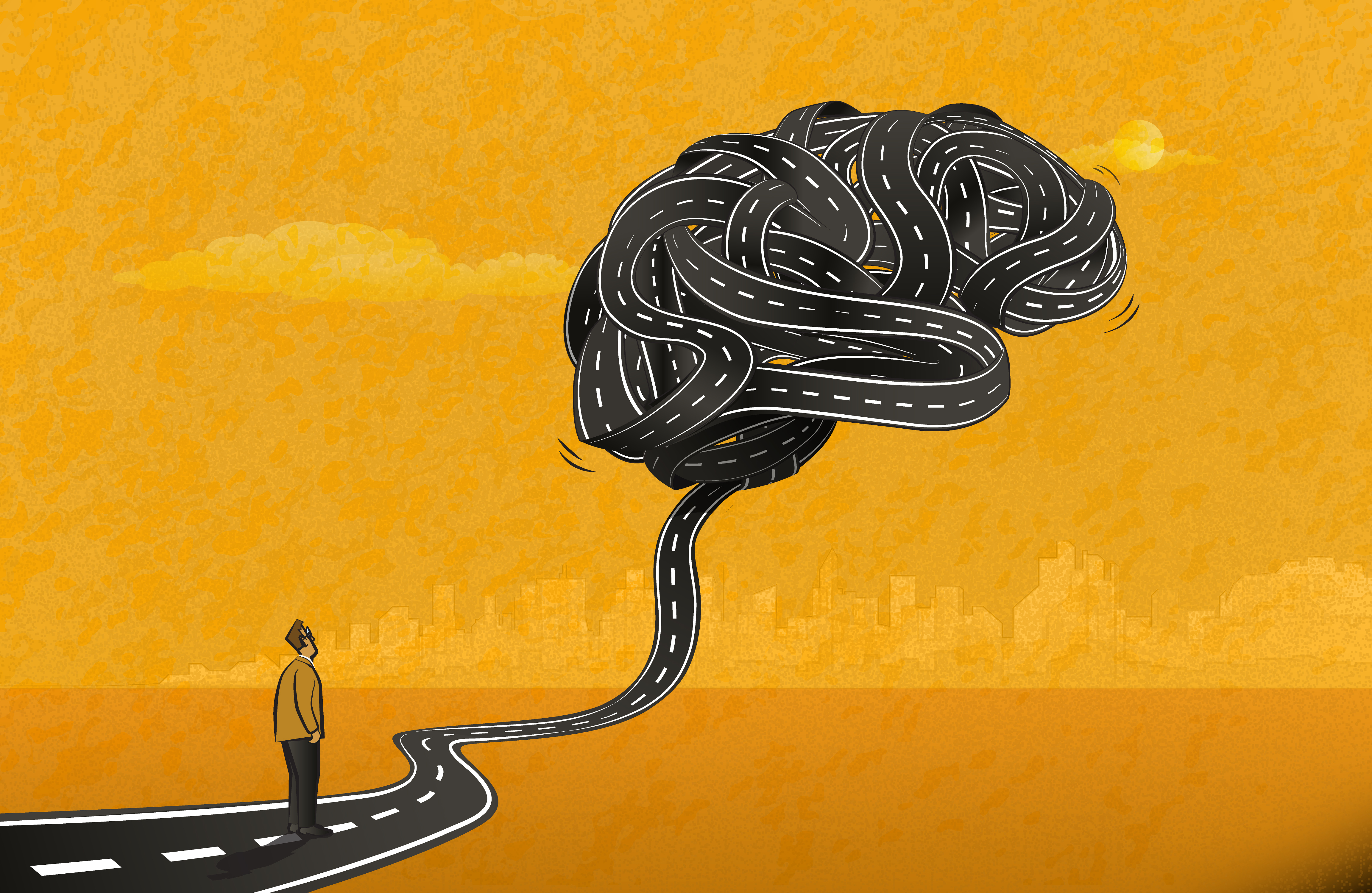 An illustration of a man looking up at a tangled brain.