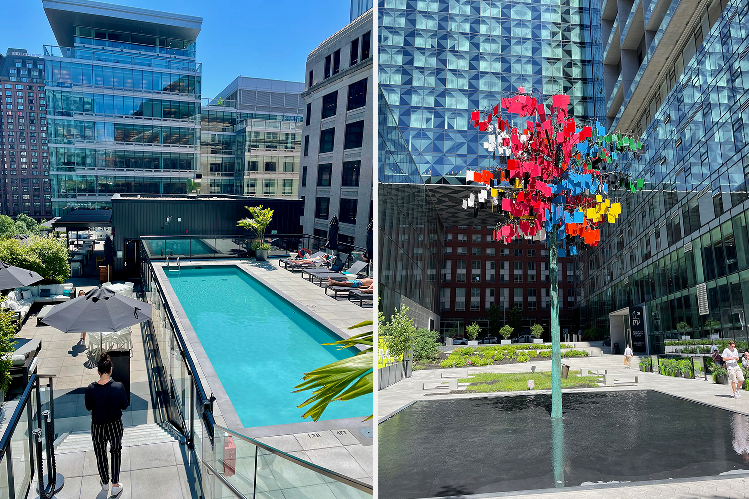 The Humaniti Hotel in Montreal, showing the pool and the "H Anima" sculpture from Marc Séguin