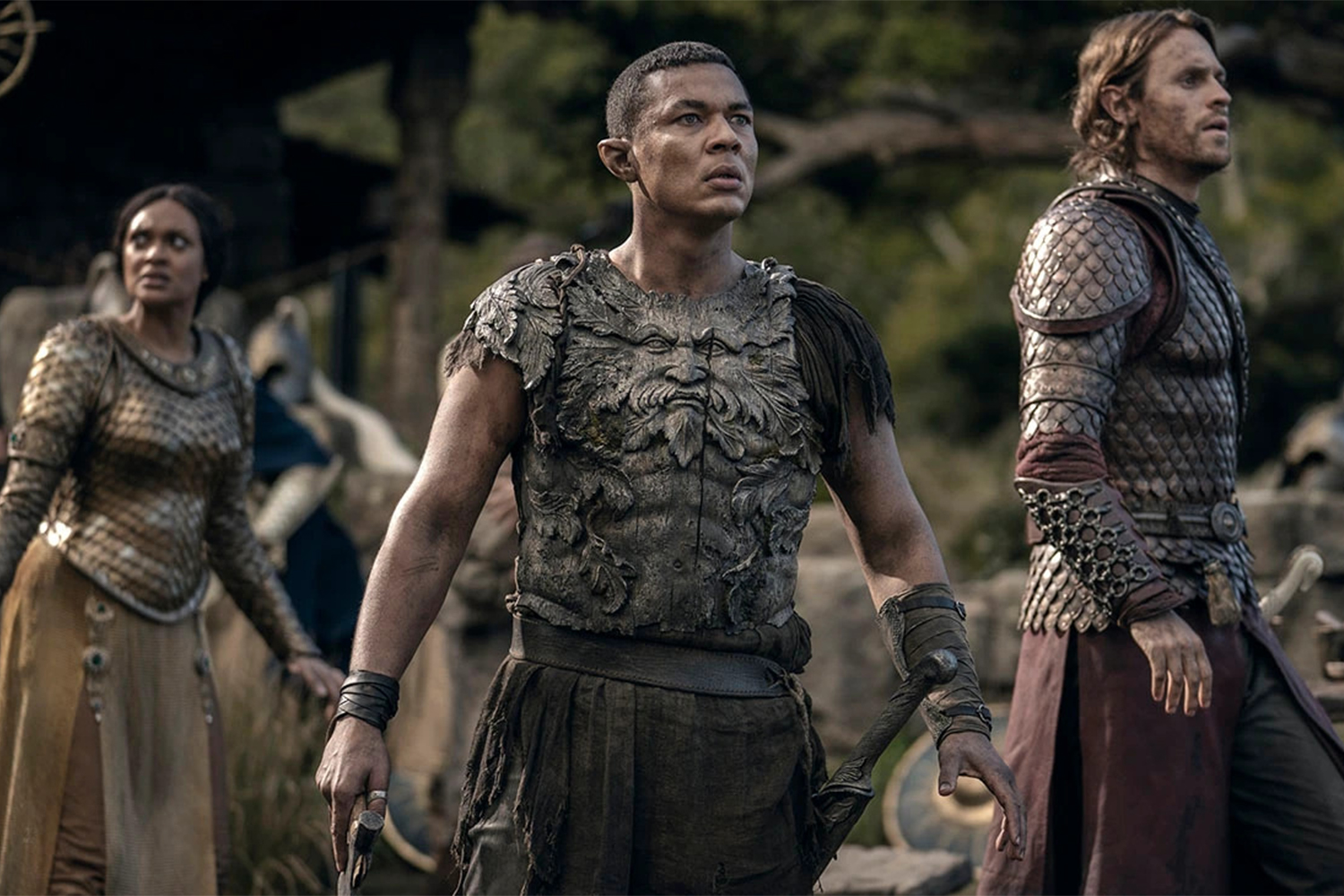 Cynthia Addai-Robinson as Queen Regent Míriel, Ismael Cruz Córdova as Arondir, and Charlie Vickers as Halbrand in "The Lord of the Rings: The Rings of Power"