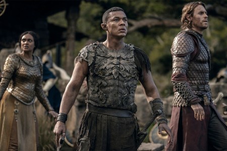 Cynthia Addai-Robinson as Queen Regent Míriel, Ismael Cruz Córdova as Arondir, and Charlie Vickers as Halbrand in "The Lord of the Rings: The Rings of Power"